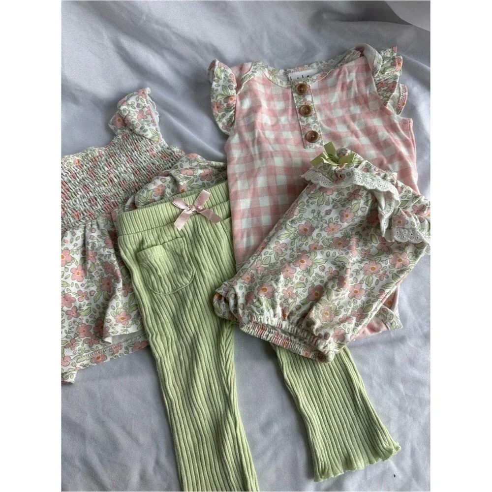 12M Baby Girls Pink Gingham & Floral Outfit Set with Sage Ribbed Leggings
